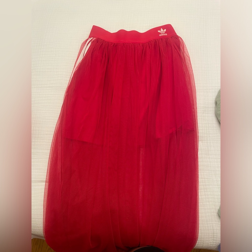 Red adidas tulle skirt